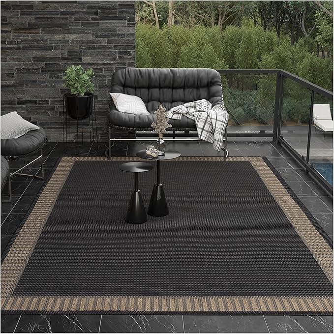 Couristan Recife Indoor Outdoor Rug - Wicker Stitch 8'6" x 13' Rectangle in Black and Brown, Hose Washable, Low Pile, Pet- Kid Friendly Home Decor for Living Room, Patio Furniture Set, Kitchen