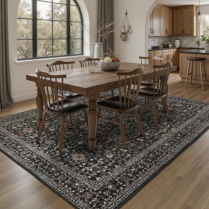 DCX Machine Washable Black Area Rug 5x7, Non Slip Stain Resistant Vintage Area Rug for Living Room Diningroom Bedroom Nursery, Soft Low Pile Large Carpet