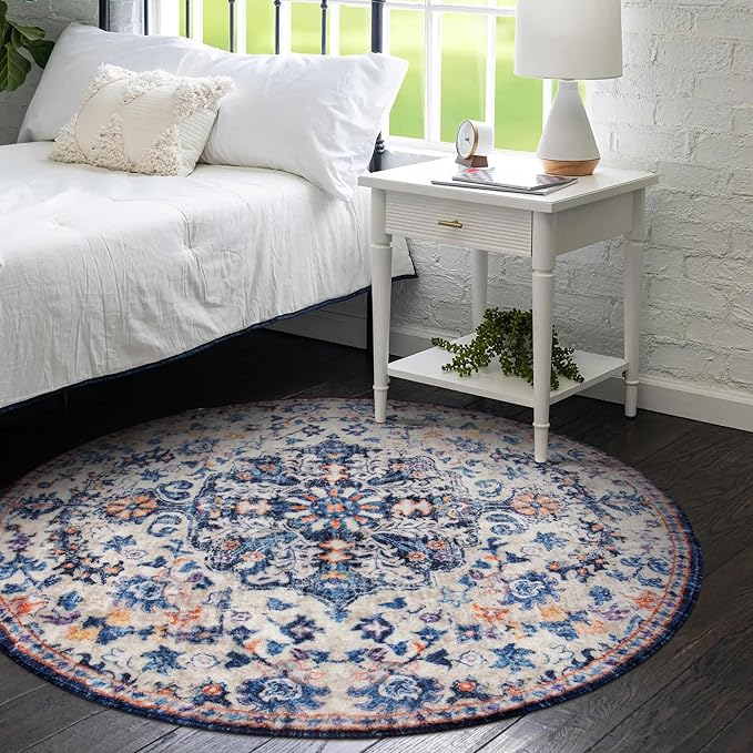 Lahome Round Rug 4ft, Washable Bathroom Rug Non Slip Entryway Circle Mat, Bohemian Vintage Non-Slip Non-Shedding Low Pile Printed Indoor Carpet for Kitchen Laundry Entryway, Blue Purple/Multi