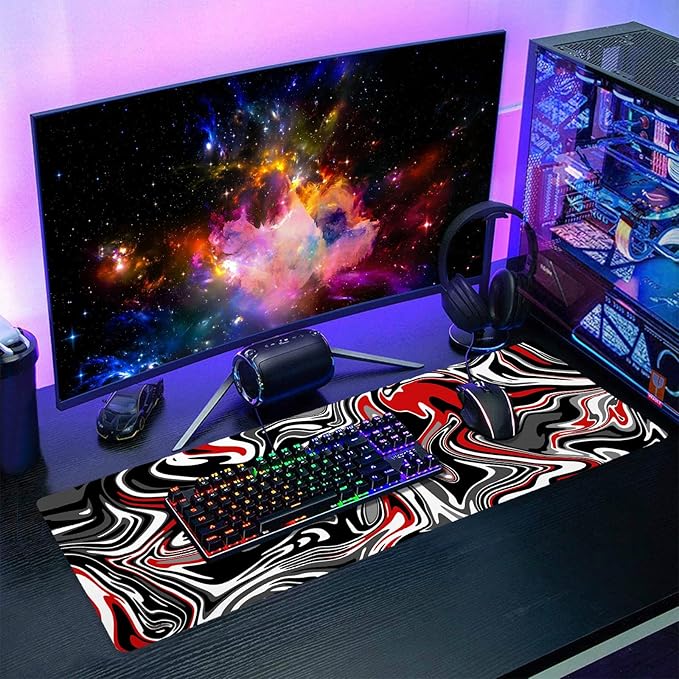 aportt Black Red Swirl Gaming Mouse Pad XL Gray Marble Grey Fluid Design Extended Large Mat Mousepad Desk Pad Non-Slip Rubber Base Stitched Edge Long Keyboard Pad for Computer,31.5×11.8 Inch