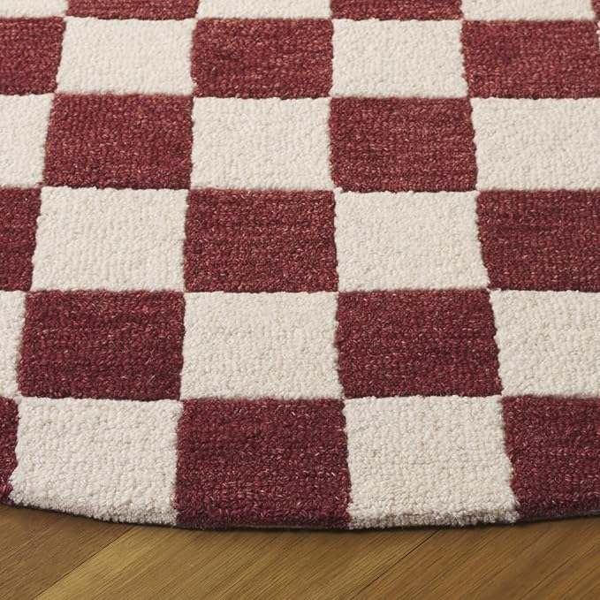 SAFAVIEH Ebony Collection Area Rug - 6' Round, Red & Ivory, Handmade Wool, Checkered Pattern, Ideal for Living Room, Bedroom, Home Office, Dining Space (EBN175Q-6R)