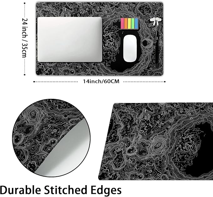Black Whtie Topographic Gaming Mouse Pad XL Topo Moon Relief Map Extended Large Mat Mousepad Desk Pad Non-Slip Rubber Base Stitched Edge Long Keyboard Playmat for Desk Computer,24x14 Inch