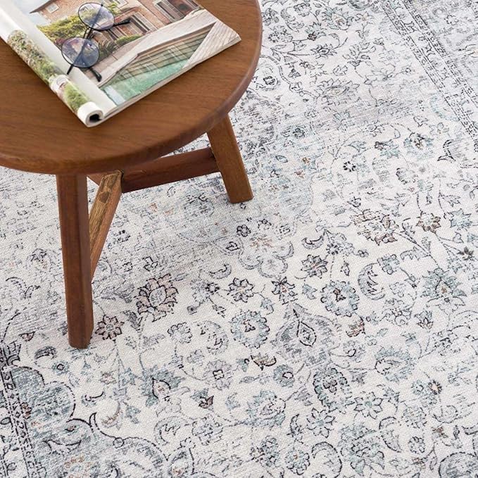 Hauteloom Boyana Bohemian Vintage Medallion Area Rug - Farmhouse Oriental Carpet for Living Room, Bedroom - Machine Washable- Light Blue, Off White, Charcoal - 5' x 7'6"