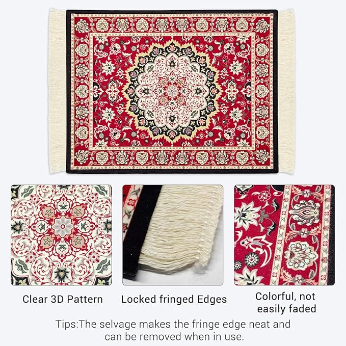 Persian Carpet Style Mouse Pad Oriental Vintage Bohemian Rug Desk Pad Miniature Mouse Mat Coaster Table Décor for Office Home