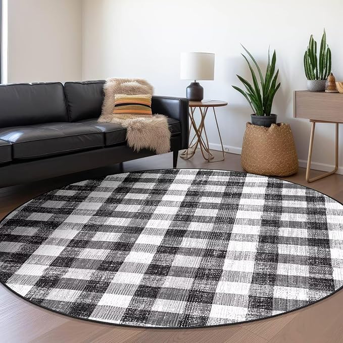 COLORPAPA Checkered Area Rug 6 Ft, Washable Round Rugs for Living Room, Modern Neutral Non Slip Indoor Carpet for Bedroom Office Patio Dining Room (Black and White)