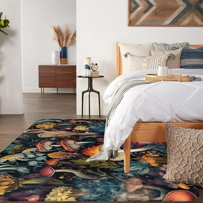 Area Rugs 5x7 Washable Rug Vintage Mushrooms Living Room Rug Soft Anti-Skid Thin Carpet Indoor Floor Non-Shedding Carpets for Bedroom Dining Room Farmhouse Nursery Home Office