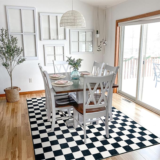 Retro Checkerboard 4x6 Entryway Rugs Non Slip Indoor Geometry Carpet Washable, Ultra Thin Boho Black and White Cute Vintage Aesthetic Funky Throw Rugs for Kitchen Bedroom Living Room