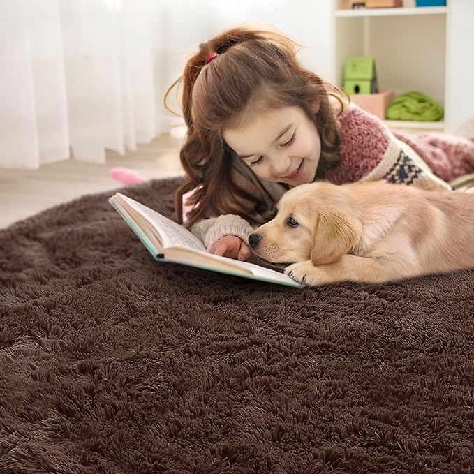 OLANLY Coffee Round Rugs for Bedroom - Machine Washable, 9 ft Circle Area Rugs for Living Room, Soft and Fluffy Shaggy Carpet for Teen Girls and Boys, Nursery Rooms, Dorms, Home Decor Aesthetic