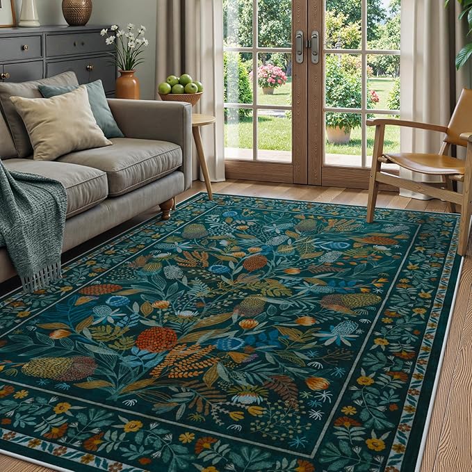 Anidaroel Botanical Print 5x7 Area Rugs for Living Room, Washable Soft Rugs for Bedroom Aesthetic, Non Slip Modern Rug Stain Resistant Dining Room Mat Throw Carpet for Dorm Nursery, Tea