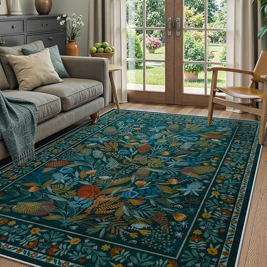 Anidaroel Botanical Print 5x7 Area Rugs for Living Room, Washable Soft Rugs for Bedroom Aesthetic, Non Slip Modern Rug Stain Resistant Dining Room Mat Throw Carpet for Dorm Nursery, Tea