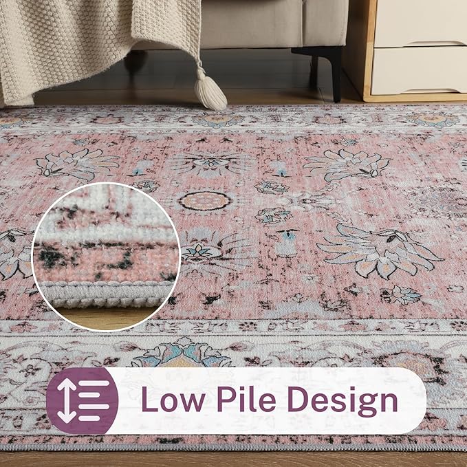 5x7 Washable Area Rug, Large Boho Rugs for Living Room, Pink Rugs for Bedroom Girls Dining Room Office, Anti Slip Low-Pile Stain Resistant Printed Vintage Floral Carpet Christmas Decor