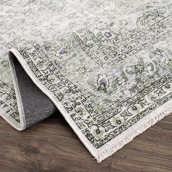 Hauteloom Cristy Bohemian Vintage Medallion Area Rug - Farmhouse Oriental Carpet for Living Room, Bedroom - Machine Washable- Cream, Olive - 5' x 7'6"