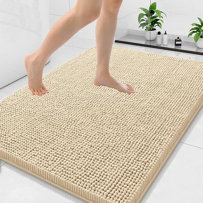 Arotive Bathroom Rugs 40x32, Extra Soft Absorbent Shaggy Chenille Bath Rugs, Machine Washable Rubber Backing Non-Slip Bath Mats for Bathroom Floor Tub and Shower, Home Decor Accessories, Beige