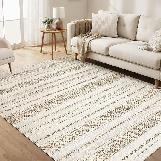Area Rug Living Room Rugs - 5X7 Washable Boho Farmhouse Bohemian Neutral Large Moroccan Geometric Soft No Slip Indoor Thin Floor Carpet for Bedroom Under Dining Table -Square Brown