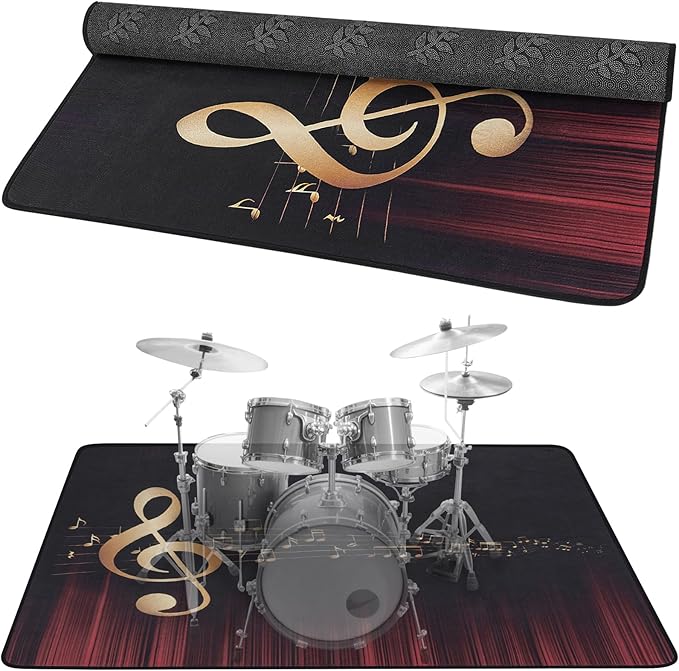 5.3Ft x 6.6Ft Drum Mat Drum Carpet Tightly Woven Fabric with Non-Slip Grip Bottom Drum Rug for Bedroom, Studio, Apartment, Soundproof, Roll of 35 Square Feet (Yellow Musical Note)