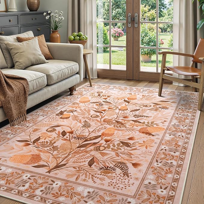 Anidaroel Machine Washable Rugs for Living Room 5x7, Brown Botanical Large Area Rug, Stain Resistant Dining Room Rugs for Under Table, Non Slip Soft Bedroom Rug Indoor Carpet for Dorm