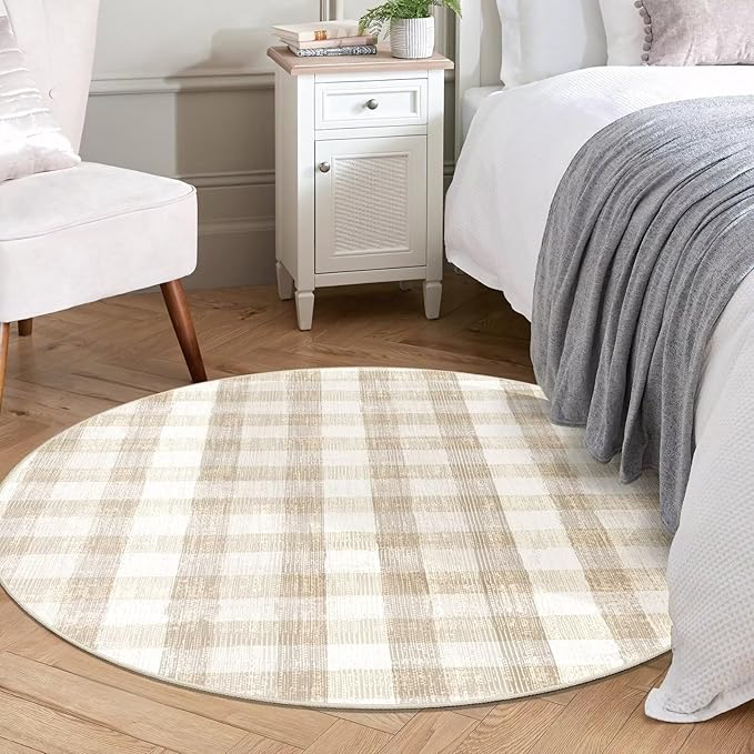 COLORPAPA Checkered Area Rug 4 Ft, Washable Round Rugs for Living Room, Modern Neutral Non Slip Indoor Carpet for Bedroom Office Patio Dining Room (Beige)