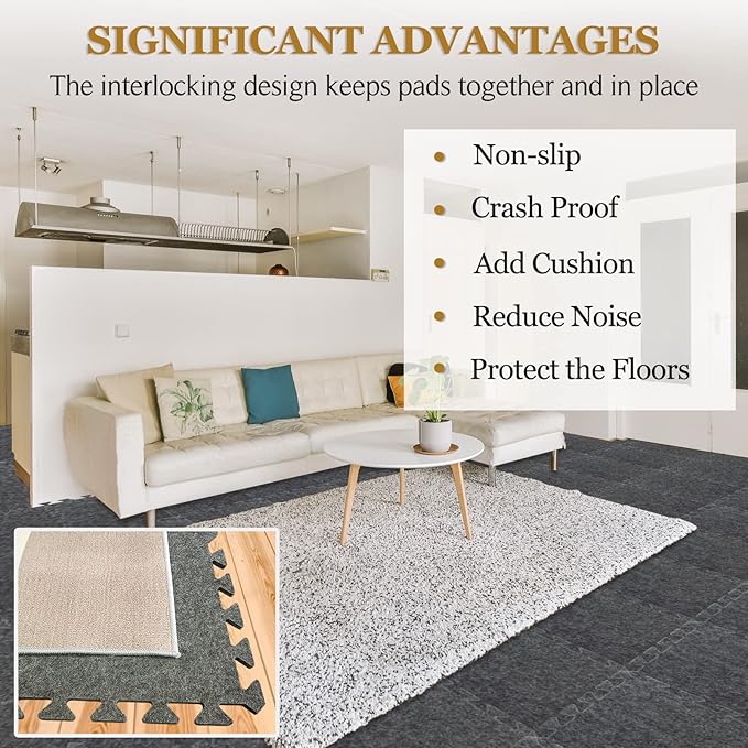 BXI Soundproof Interlocking Rug Pad 10 Pcs, 11x 11 x 0.4 inches Non Slip Rug Pads, High Density Noise Reduction Puzzle Felt Carpet Padding, Rug Mat Protects and Adds Cushion for Hardwood Floors