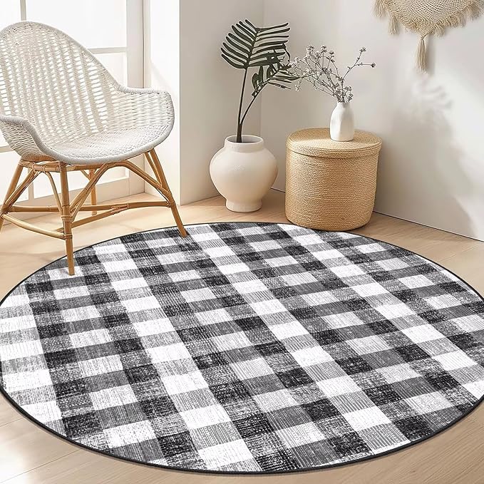 COLORPAPA Checkered Area Rug 4 Ft, Washable Round Rugs for Living Room, Modern Neutral Non Slip Indoor Carpet for Bedroom Office Patio Dining Room (Black and White)