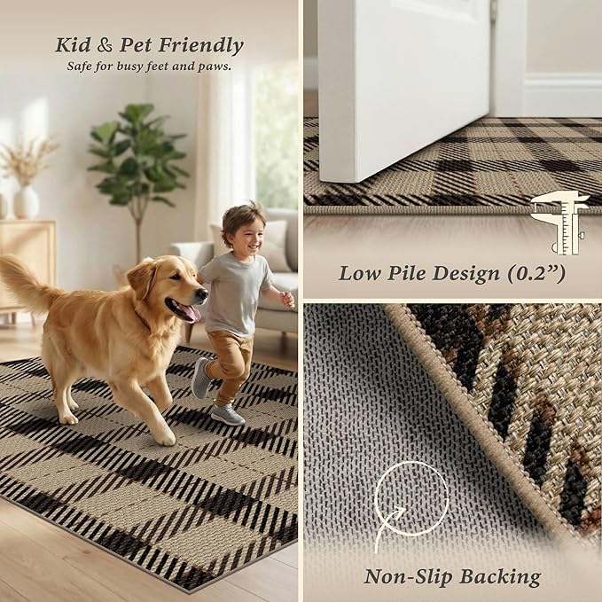 Jute Rug 6x9 for Living Room, Washable Black and Brown Rug for Dining Room, Indoor Outdoor Geometric Non Slip Vintage Farmhouse Carpet, Classic Beige Plaid Décor