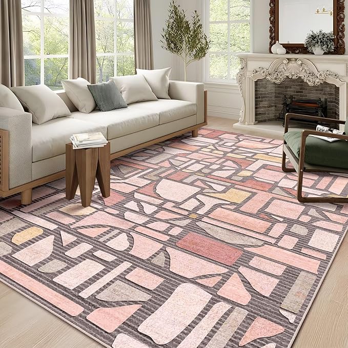 DEXDE 5x7 Area Rug, Vintage Checkered Abstract Rugs for Living Room, Non Slip Washable Large Low Pile Soft Modern Floor Carpet for Dining Room Bedroom Kitchen Office Nursery Playroom, Pink