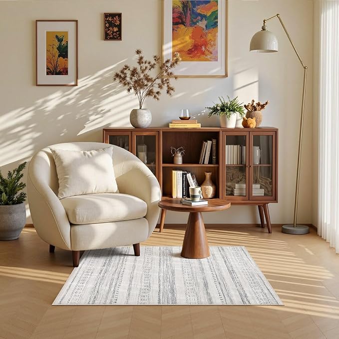 Area Rug Living Room Rugs - 2X3 Washable Boho Farmhouse Bohemian Neutral Large Moroccan Geometric Soft No Slip Indoor Thin Floor Carpet for Bedroom Under Dining Table Home Office - Grey