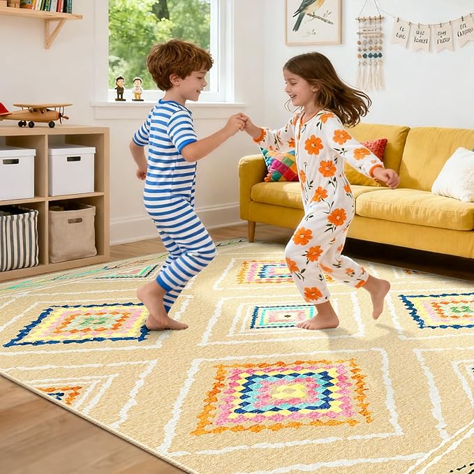 Area Rug 5x7 Rug Machine Washable Non-Slip Low Pile Print Pattern Western Rug for Living Room Bedroom Entryway Tribal Series -Cream/Beige