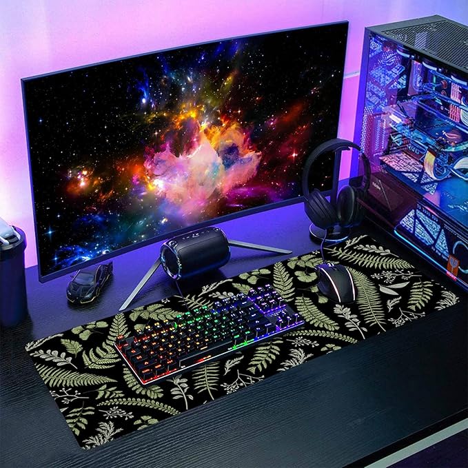 Black Green Plant Flowers Mouse Pad XL Tropical Fern Botanical Leaves Extended Desk Mat 80X30cm Non-Slip Rubber Base Stitched Edge Large XL Mousepad for Desk Gaming Laptop Desktop,31.5×11.8 Inch