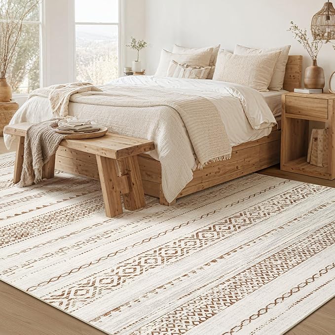 Area Rug Living Room Rugs - 5X7 Washable Boho Farmhouse Bohemian Neutral Large Moroccan Geometric Soft No Slip Indoor Thin Floor Carpet for Bedroom Under Dining Table -Square Brown