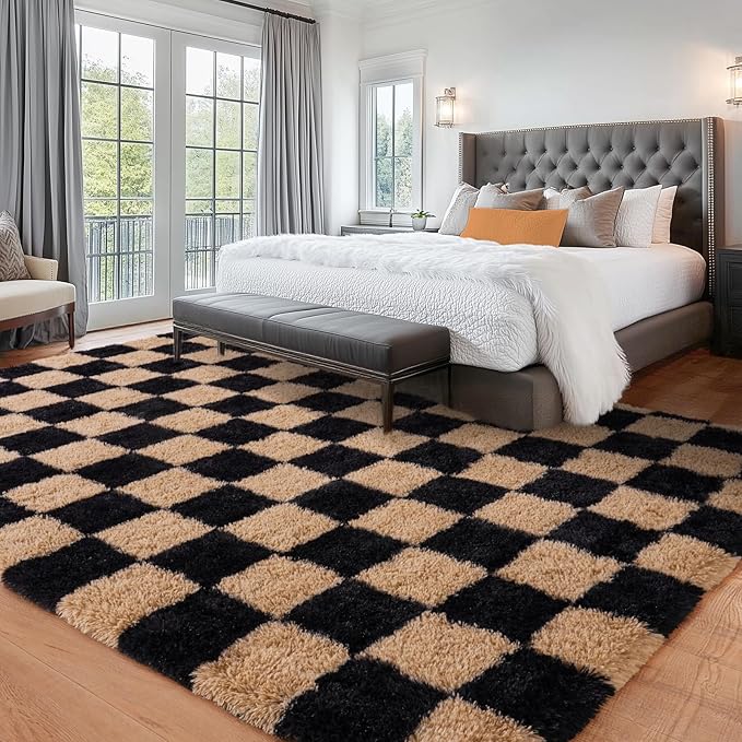 Checkered Rug 4x6 for Bedroom, Fluffy Plush Area Rug Non Slip, Modern Indoor Shag Rugs for Living Room Girls Kids Room Nursery Dorm Home Decor, Black and Beige