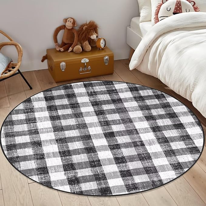 COLORPAPA Checkered Area Rug 5 Ft, Washable Round Rugs for Living Room, Modern Neutral Non Slip Indoor Carpet for Bedroom Office Patio Dining Room (Black and White)