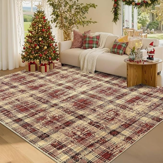 Washable Area Rug 3x5 Christmas Rug with Non Slip Rubber Backing, Modern Plaid Bedroom Rugs Farmhouse Soft Low Pile Rustic Accent Rug for Entrance Living Room Kitchen Home Decor