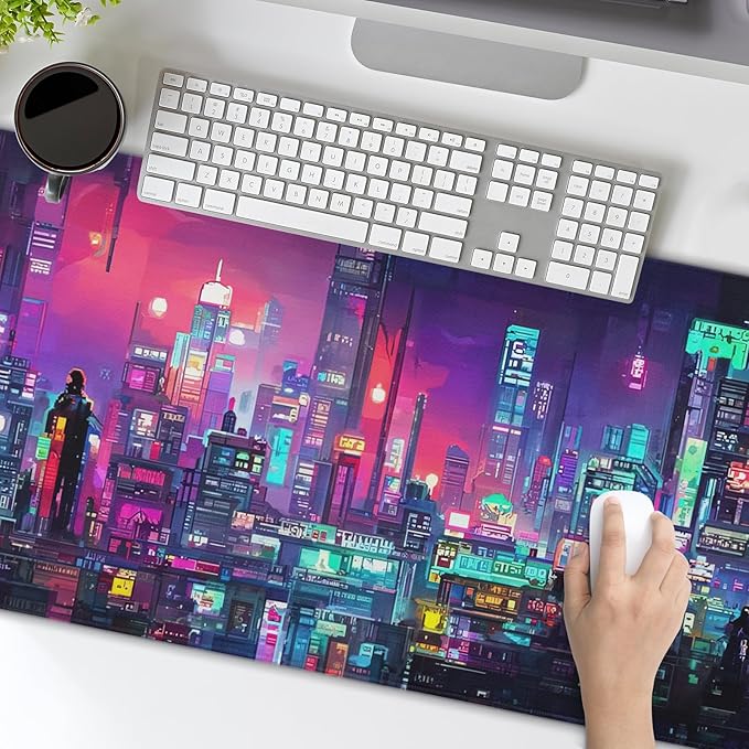 aportt Retro Japanese Anime Gaming Mouse Pad Extended Cool Dark Purple Red Vaporwave City Large Desk Mat Big Mousepad Non-Slip Rubber Base Stitched Edge Long Desk Pad for Desktop Computer,40×20 Inch