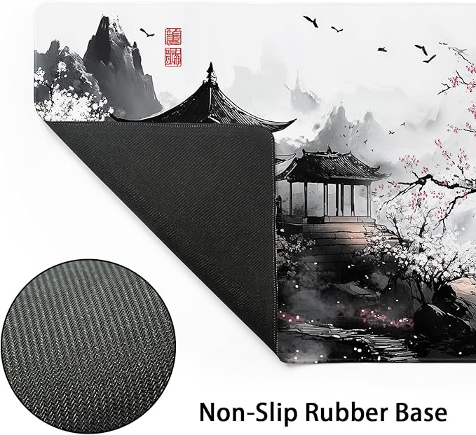 Black Whtie Japanese Gaming Mouse Pad XXL Anime Sakura Cherry Blossom Tree Extended Large Mat Mousepad Desk Pad Non-Slip Rubber Base Stitched Edge Keyboard Pad Playmat for Computer,35.4×15.7 Inch