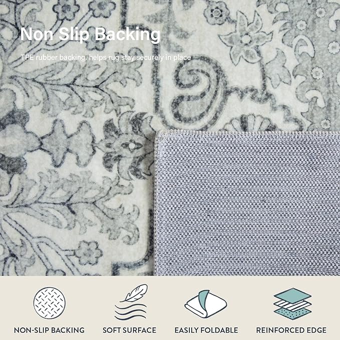Lahome Round Rug 4ft, Soft Rug for Bedroom Machine Washable Office Circle Rug, Bohemian Medallion Non-Slip Non-Shedding Low Pile Printed Indoor Carpet for Kitchen Laundry Bathroom, Beige
