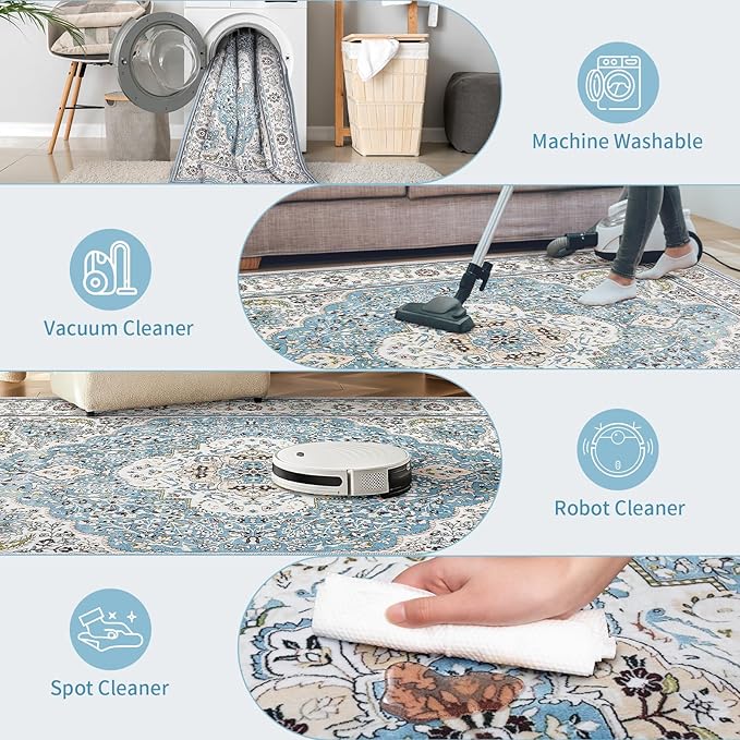 Ciicool Washable Runner Rug Non Slip, 2'x6' Blue Hallway Rug Vintage Kitchen Rugs Carpet for Bedroom Laundry Bathroom Decor