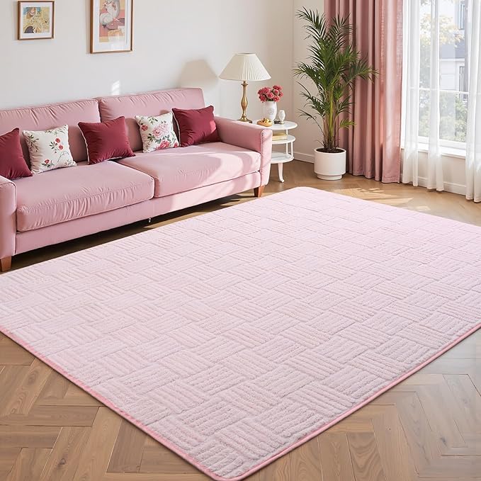 5x7 Pink Washable Shag Area Rug for Girls Bedroom, Modern Geometric Non Slip Living Room Rugs, Fluffy Soft Thick Carpet for Kids Room, Dorm, Office, and Home Decor