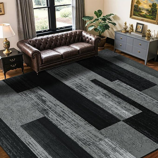 10x14 Washable Area Rugs for Living Room and Bedroom, Vintage Checkered Pattern Non-Slip Carpet, Stain Resistant Low Pile Soft Rug for Dining Room,Office,Nursery,Kids Room(10x14,Gray)