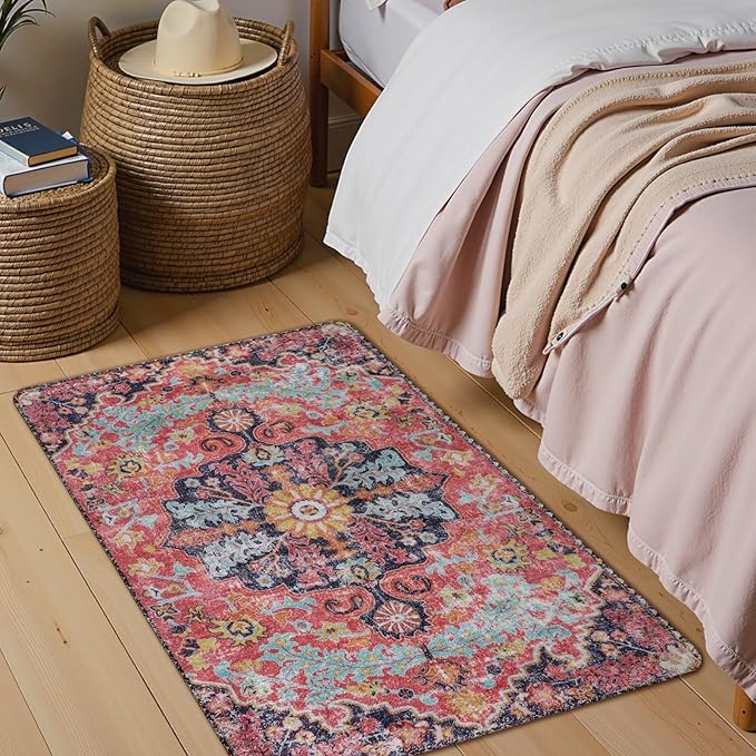 Lahome Bohemian Floral Medallion Area Rug - 2x3 Small Hot Pink Bath Rug Kitchen Sink Mat, Machine Washable Non-Slip Soft Indoor Carpet for Doormat Bedside Apartment Entrance, Fuchsia/Multi