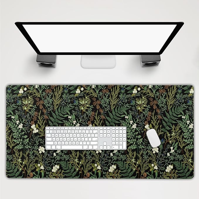 Black Aesthetic Vintage Botanical Gaming Mouse Pad Extended Cute Forest Green Plant Nature Floral Large Big Mousepad Non-Slip Stitched Edge Long Mat for Desk Office Computer,40x20 Inch,100x50 CM