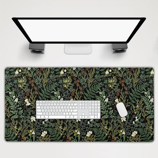 Black Aesthetic Vintage Botanical Gaming Mouse Pad Extended 3XL Cute Forest Green Plant Nature Floral Large Big Mousepad Non-Slip Stitched Edge Long Mat for Desk Computer,47.2x23.6 Inch,120x60 CM