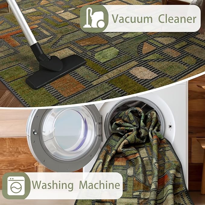 DEXDE 2x6 Runner Rug for Hallway, Washable Abstract Non Slip Low Pile Throw Vintage Checkered Rugs Soft Modern Indoor Carpet for Kitchen Bedroom Bathroom Laundry Entrance, Green