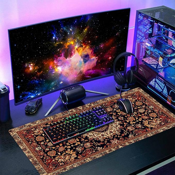 Vintage Rug Gaming Mouse Pad XXL Dark Brown Retro Carpet Aesthetic Extended Large Mat Mousepad Desk Pad Non-Slip Rubber Base Stitched Edge Flower Keyboard Pad Playmat for Computer,35.4×15.7 Inch