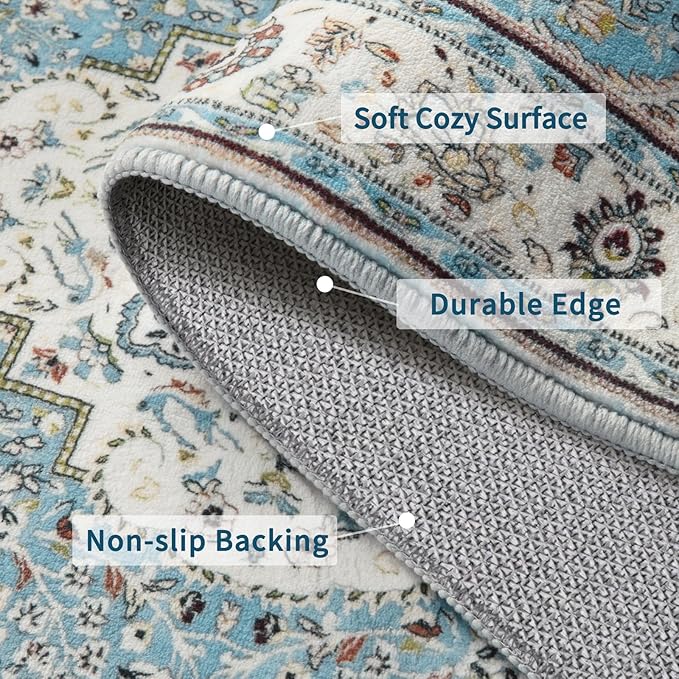 Ciicool Oriental Area Rug 5x7 for Living Room Washable Rugs Blue Floral Medallion Large Rugs Non-Slip Low-Pile Mat Floor Carpets Vintage Rug for Dining Bedroom Foyer Decor (Sky/Baby Blue)