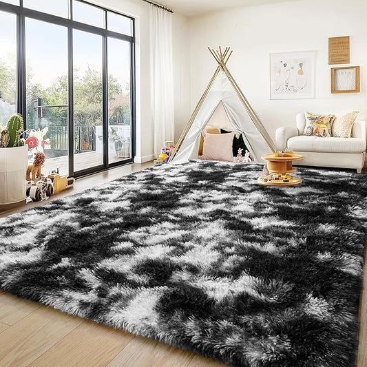 Area Rug for Bedroom Living Room 5x7, Ultra Soft Fluffy Shag Rugs, Modern Indoor Carpet Non-Slip for Kids Room Nursery Dorm Home Decor, Black and White