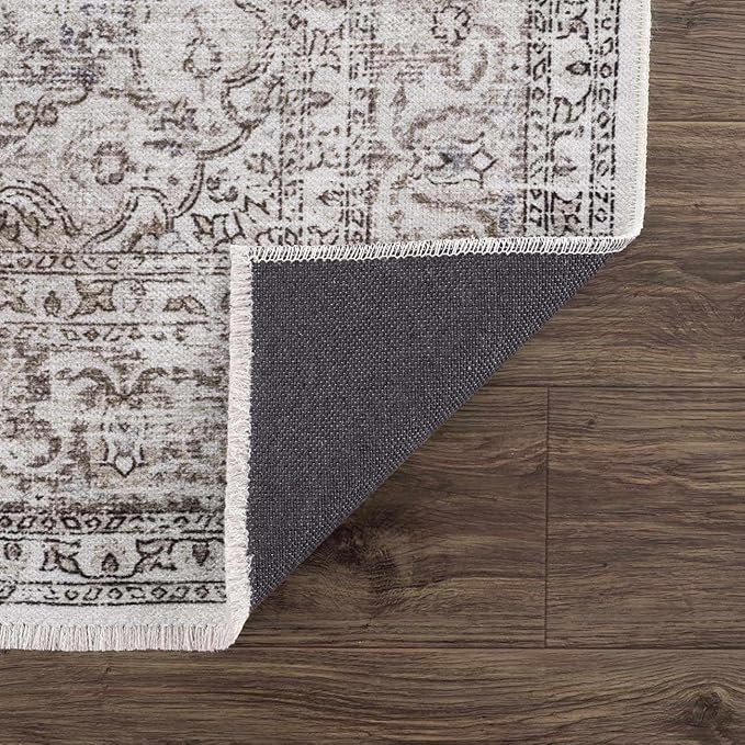 Hauteloom Ikatra Bohemian Vintage Medallion Area Rug - Farmhouse Oriental Carpet for Living Room, Bedroom - Machine Washable- Pearl, Dark Brown, Brown - 6'7" x 9'