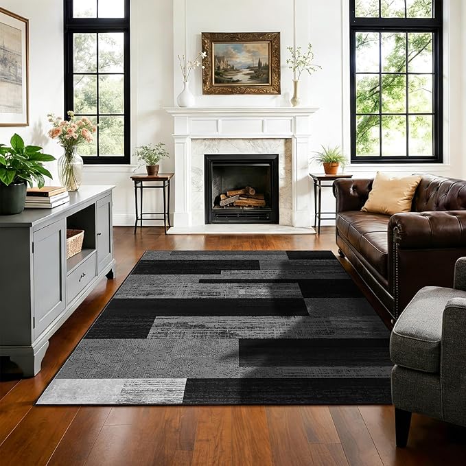 4x6 Washable Area Rugs for Living Room and Bedroom, Vintage Checkered Pattern Non-Slip Carpet, Stain Resistant Low Pile Soft Rug for Dining Room,Office,Nursery,Kids Room(4x6,Gray)