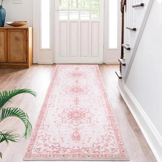 Hallway Runner Rug, 2x8 Floral Pink Area Rug, Honeycomb Non Slip Kitchen Runner Rugs, Washable Soft Faux Wool Rug for Hallways Entryway Kitchen Laundry Bedroom