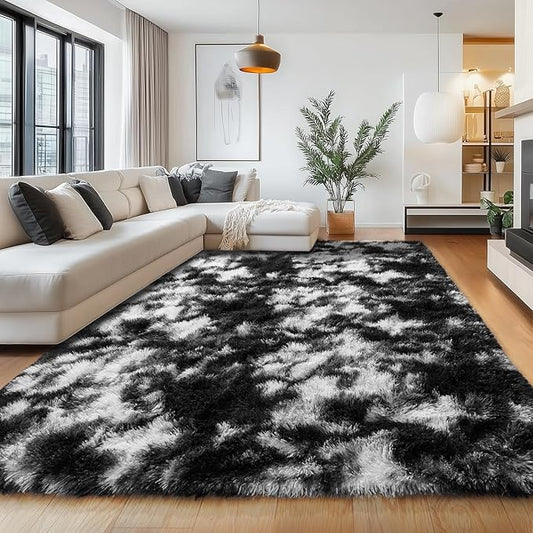 Black and White Area Rug for Bedroom 4x6, Ultra Soft Fluffy Shag Rugs, Modern Plush Indoor Carpet Non-Slip for Living Room Kids Room Nursery Dorm Home Decor