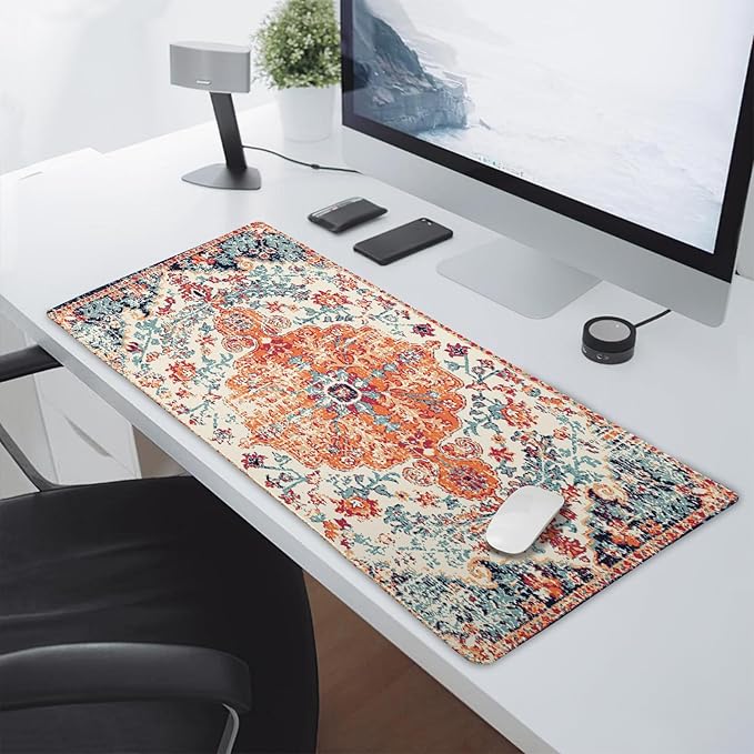 Orange Teal Boho Gaming Mouse Pad Extended 20x14 Inch Rug Carpet Bohemian Retro Large Desk Mat Big Mousepad Non-Slip Rubber Base Stitched Edge Long Desk Pad for Desktop Office PC Gamer,60x35 cm